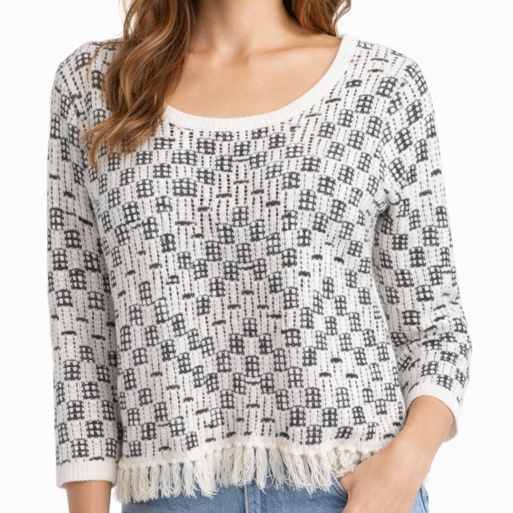 Ruby Rd White & Black Scoopneck Fringe Sweater
